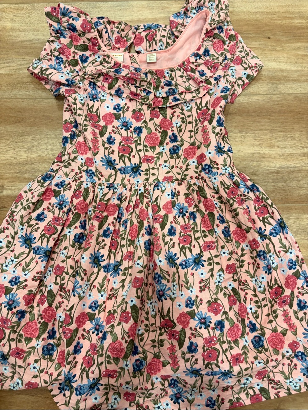 Scotch & Soda Pink Floral Ruffle-Neck Dress with Blue Accents